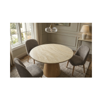 Table de salle à manger ronde LUMEA 120 cm en céramique beige avec pied central aspect bois – 4 places