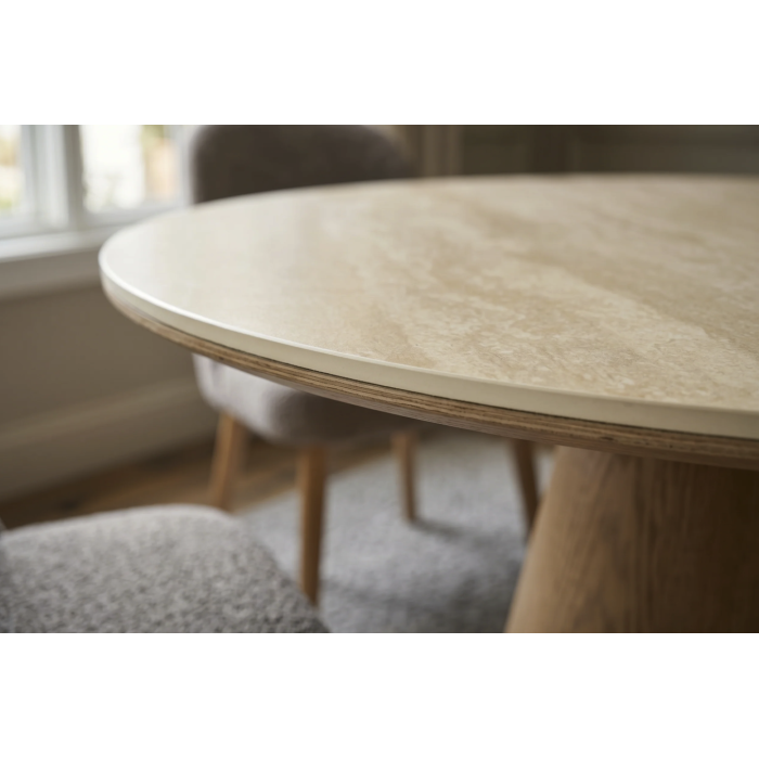 Table de salle à manger ronde LUMEA 120 cm en céramique beige avec pied central aspect bois – 4 places