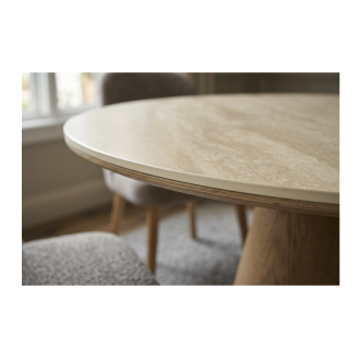 Runder Esstisch LUMEA 120 cm in Beige Keramik mit zentralem Holzoptik-Fuß – 4 Sitzplätze