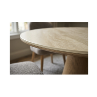 Table de salle à manger ronde LUMEA 120 cm en céramique beige avec pied central aspect bois – 4 places
