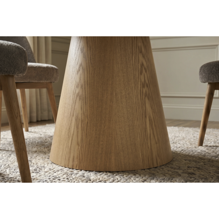 Table de salle à manger ronde LUMEA 120 cm en céramique beige avec pied central aspect bois – 4 places
