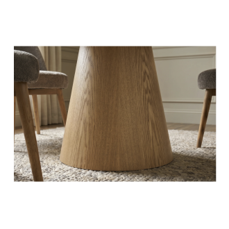 Runder Esstisch LUMEA 120 cm in Beige Keramik mit zentralem Holzoptik-Fuß – 4 Sitzplätze