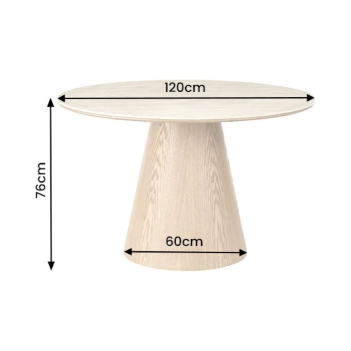 Table de salle à manger ronde LUMEA 120 cm en céramique beige avec pied central aspect bois – 4 places