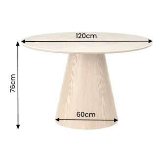 Runder Esstisch LUMEA 120 cm in Beige Keramik mit zentralem Holzoptik-Fuß – 4 Sitzplätze