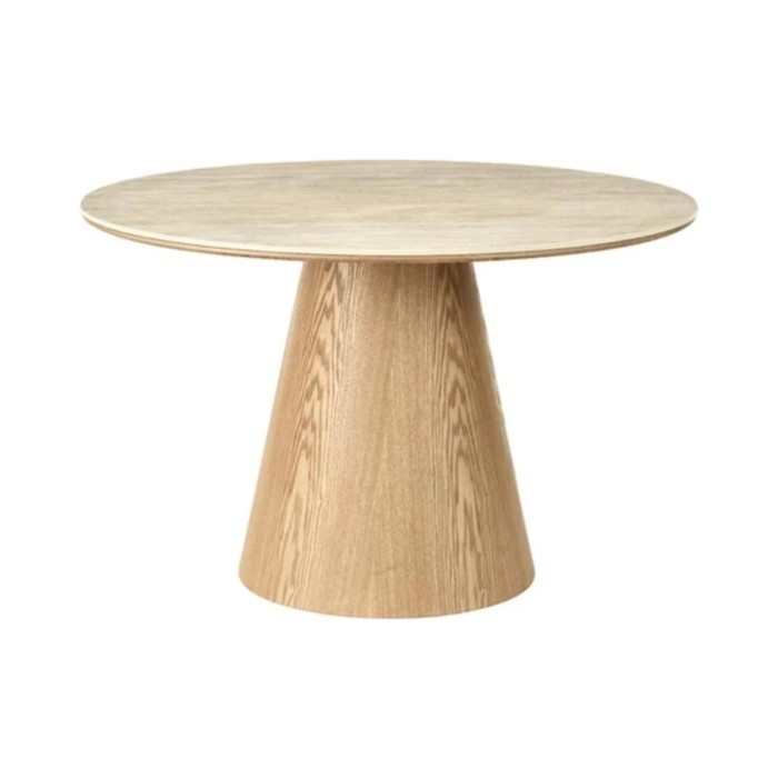 Table de salle à manger ronde LUMEA 120 cm en céramique beige avec pied central aspect bois – 4 places
