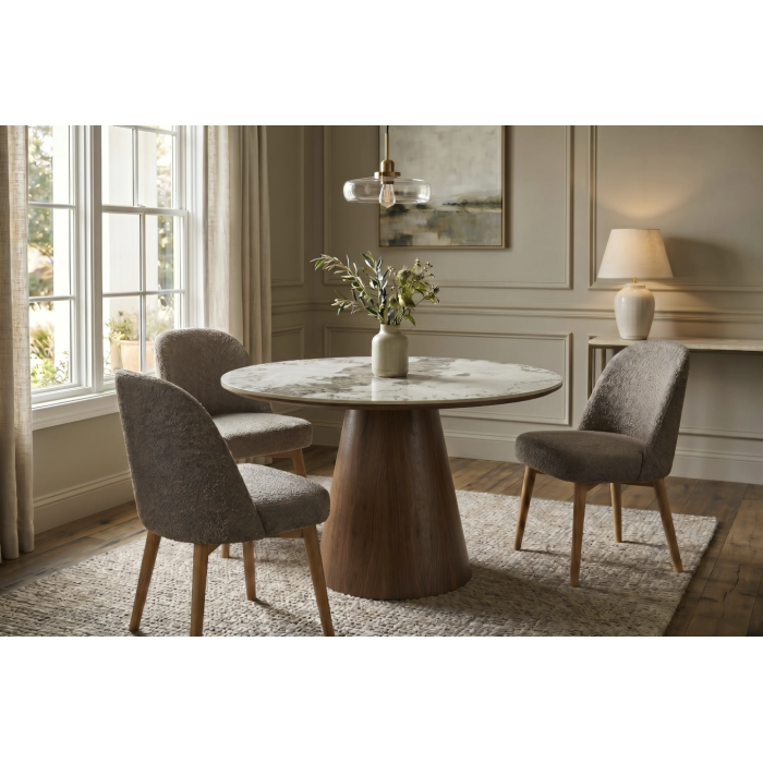 Table de salle à manger ronde LUMEA 120 cm en céramique effet marbre blanc et pied central bois foncé – 4 places