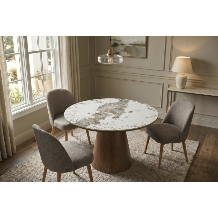 Table de salle à manger ronde LUMEA 120 cm en céramique effet marbre blanc et pied central bois foncé – 4 places