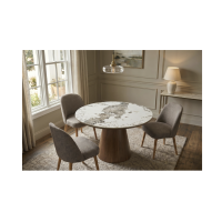Table de salle à manger ronde LUMEA 120 cm en céramique effet marbre blanc et pied central bois foncé – 4 places