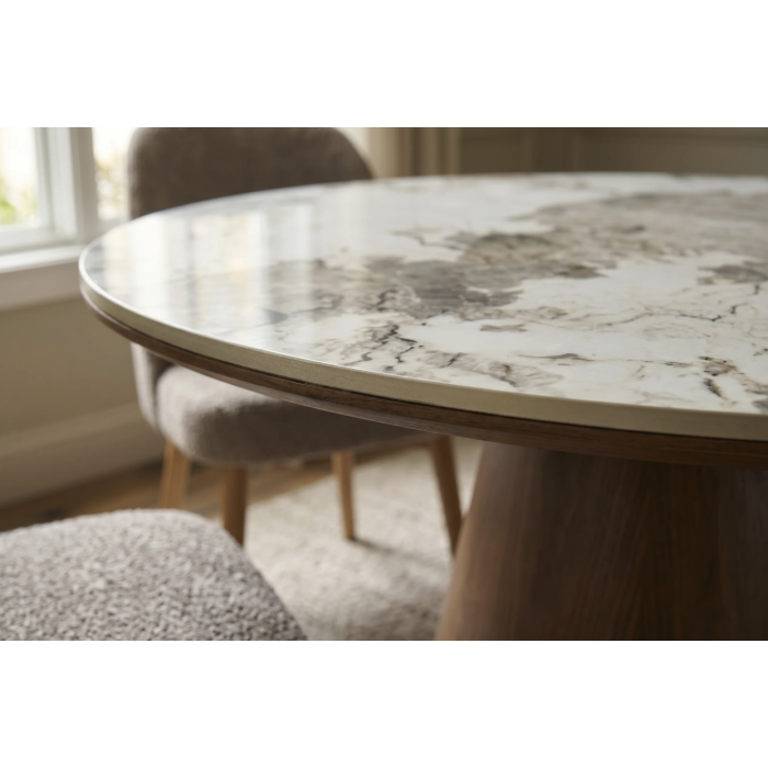 Table de salle à manger ronde LUMEA 120 cm en céramique effet marbre blanc et pied central bois foncé – 4 places