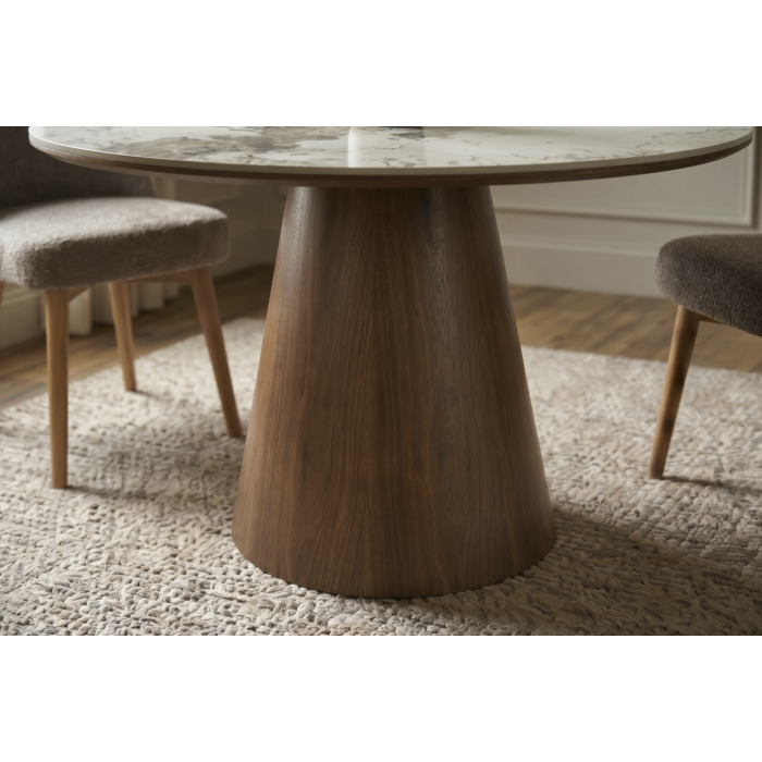 Table de salle à manger ronde LUMEA 120 cm en céramique effet marbre blanc et pied central bois foncé – 4 places