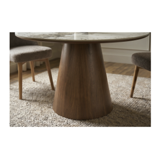 Runder Esstisch LUMEA 120 cm in weißer Marmoroptik Keramik und dunklem Holz Zentralbein – 4 Plätze