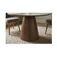 Table de salle à manger ronde LUMEA 120 cm en céramique effet marbre blanc et pied central bois foncé – 4 places