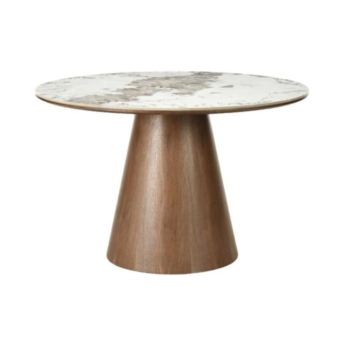 Table de salle à manger ronde LUMEA 120 cm en céramique effet marbre blanc et pied central bois foncé – 4 places