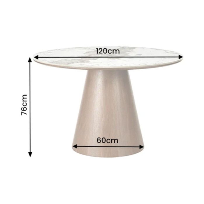 Table de salle à manger ronde LUMEA 120 cm en céramique effet marbre blanc et pied central bois foncé – 4 places