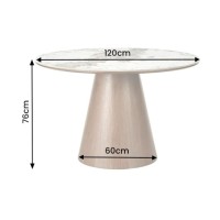 Table de salle à manger ronde LUMEA 120 cm en céramique effet marbre blanc et pied central bois foncé – 4 places