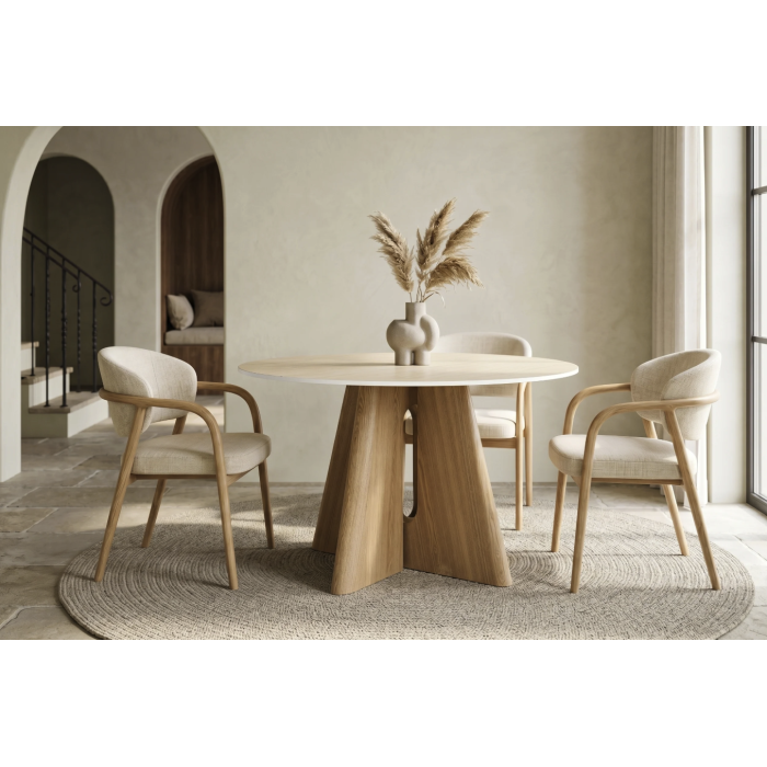 Table ronde PTERAX 120 cm en céramique beige avec pied central sculptural aspect bois – 4 places