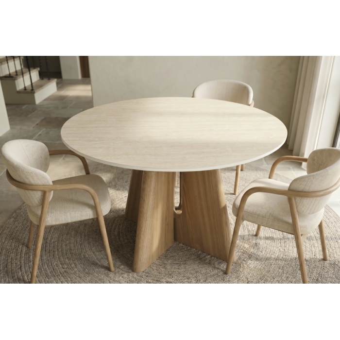 Table ronde PTERAX 120 cm en céramique beige avec pied central sculptural aspect bois – 4 places