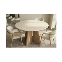 Table ronde PTERAX 120 cm en céramique beige avec pied central sculptural aspect bois – 4 places