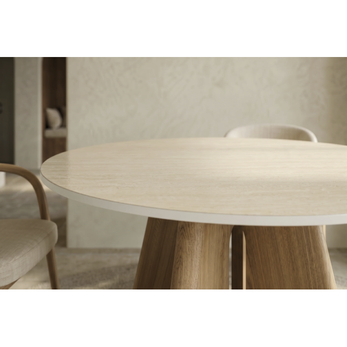 Table ronde PTERAX 120 cm en céramique beige avec pied central sculptural aspect bois – 4 places