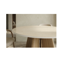 Table ronde PTERAX 120 cm en céramique beige avec pied central sculptural aspect bois – 4 places