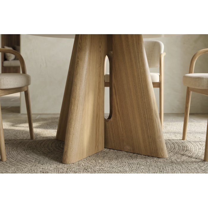 Table ronde PTERAX 120 cm en céramique beige avec pied central sculptural aspect bois – 4 places