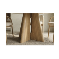 Table ronde PTERAX 120 cm en céramique beige avec pied central sculptural aspect bois – 4 places