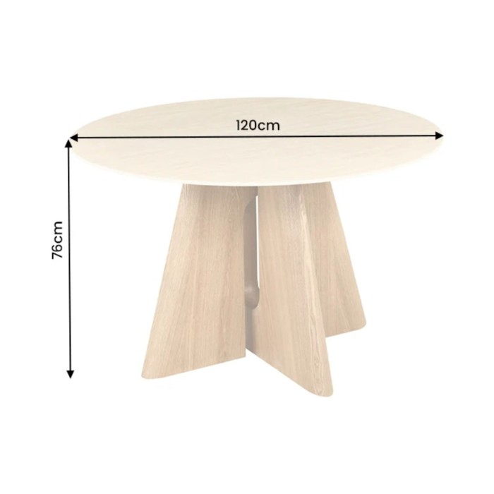 Table ronde PTERAX 120 cm en céramique beige avec pied central sculptural aspect bois – 4 places