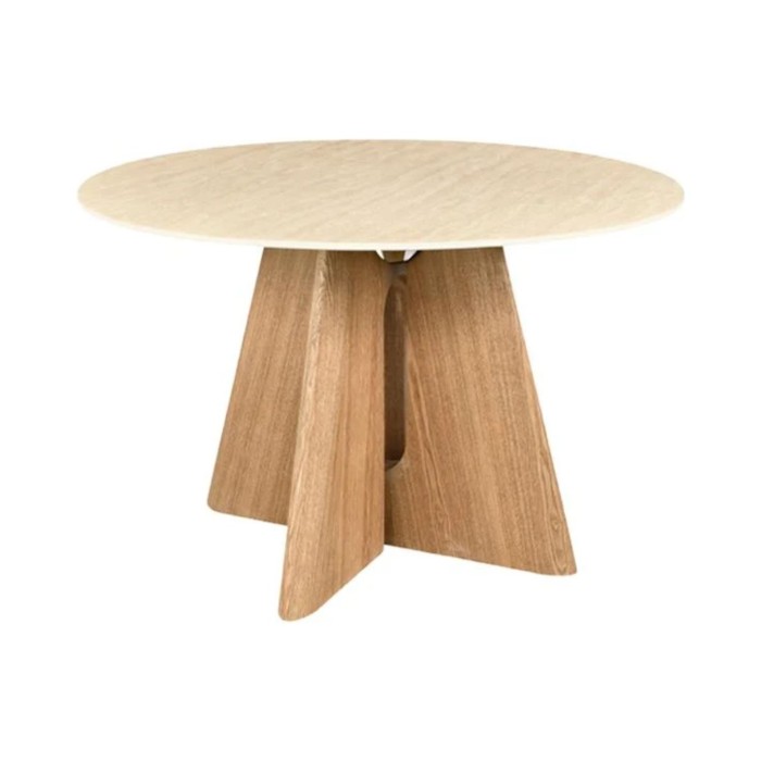Table ronde PTERAX 120 cm en céramique beige avec pied central sculptural aspect bois – 4 places