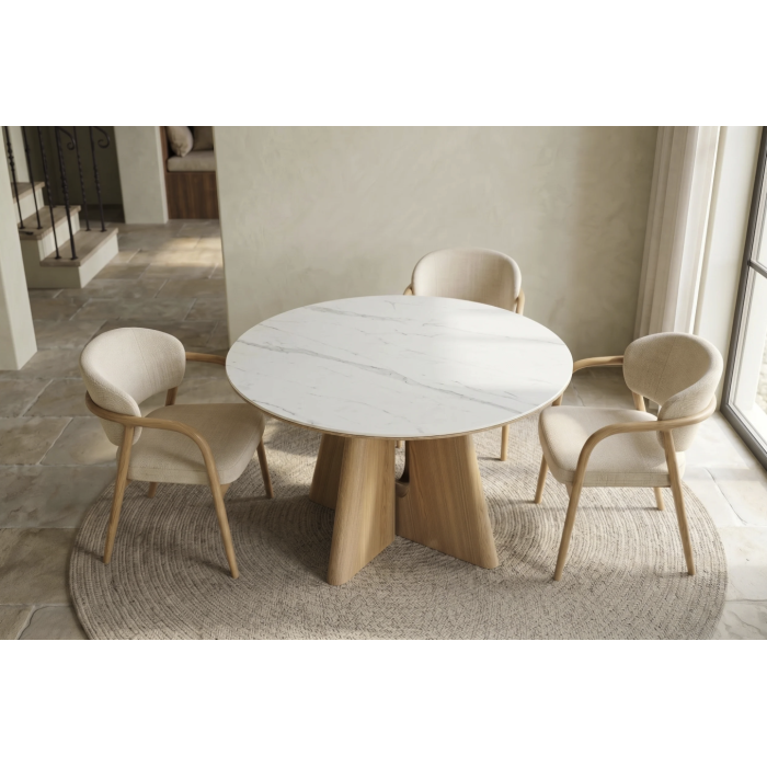 Table ronde PTERAX 120 cm en céramique effet marbre blanc et pied central aspect bois – 4 places