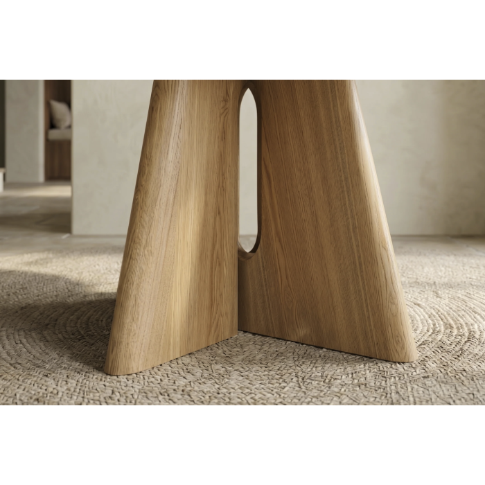 Table ronde PTERAX 120 cm en céramique effet marbre blanc et pied central aspect bois – 4 places