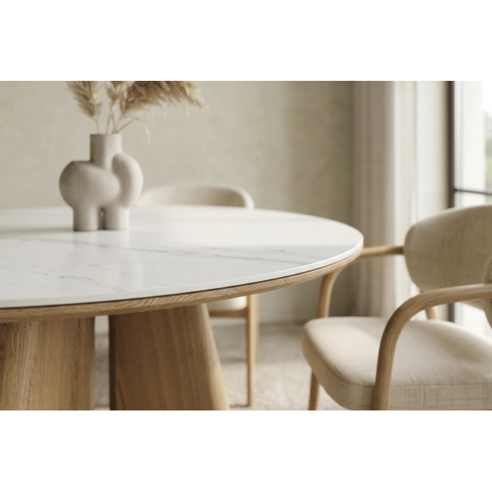 Table ronde PTERAX 120 cm en céramique effet marbre blanc et pied central aspect bois – 4 places
