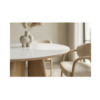 Table ronde PTERAX 120 cm en céramique effet marbre blanc et pied central aspect bois – 4 places