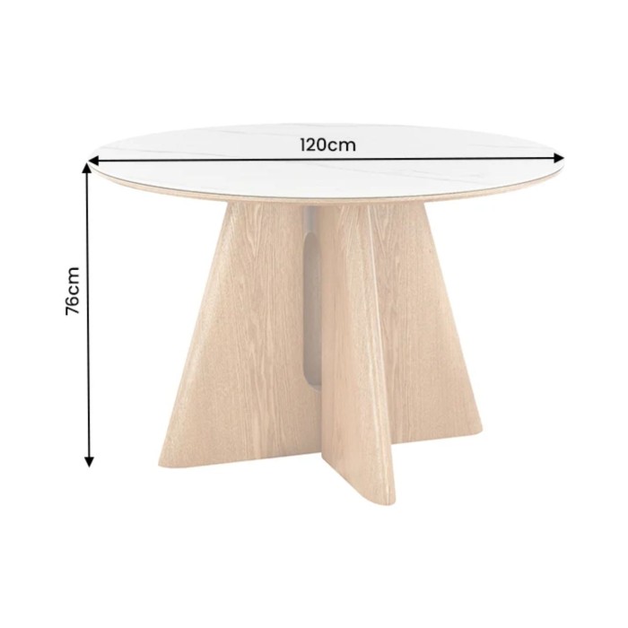Table ronde PTERAX 120 cm en céramique effet marbre blanc et pied central aspect bois – 4 places