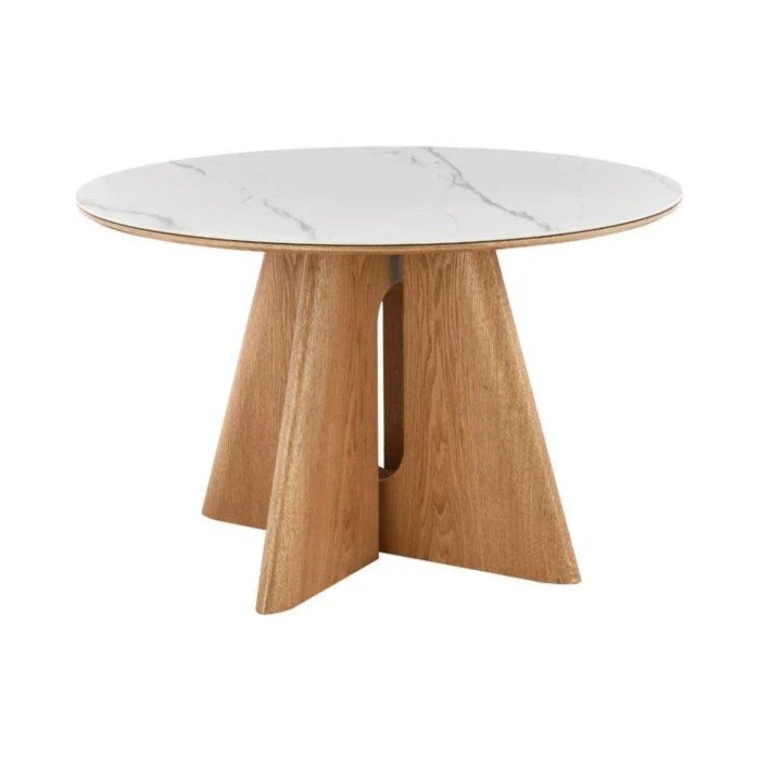 Table ronde PTERAX 120 cm en céramique effet marbre blanc et pied central aspect bois – 4 places
