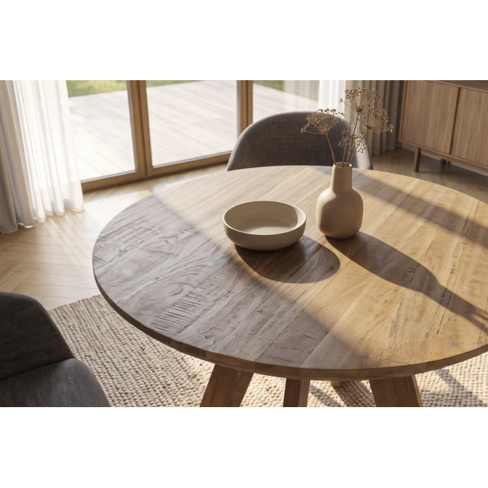 Table de salle à manger ronde ELYA 100 cm en bois de manguier massif – 4 places