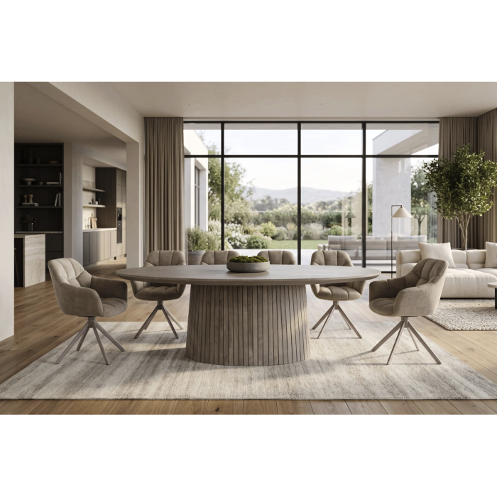 Table de salle à manger ovale ORINO 220 cm en bois de manguier massif gris avec pied central rainuré – 10 places