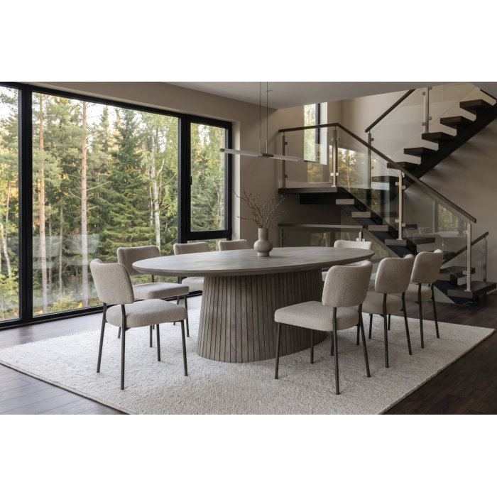Table de salle à manger ovale ORINO 220 cm en bois de manguier massif gris avec pied central rainuré – 10 places