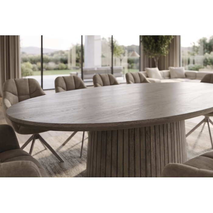 Table de salle à manger ovale ORINO 220 cm en bois de manguier massif gris avec pied central rainuré – 10 places