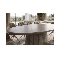 Table de salle à manger ovale ORINO 220 cm en bois de manguier massif gris avec pied central rainuré – 10 places