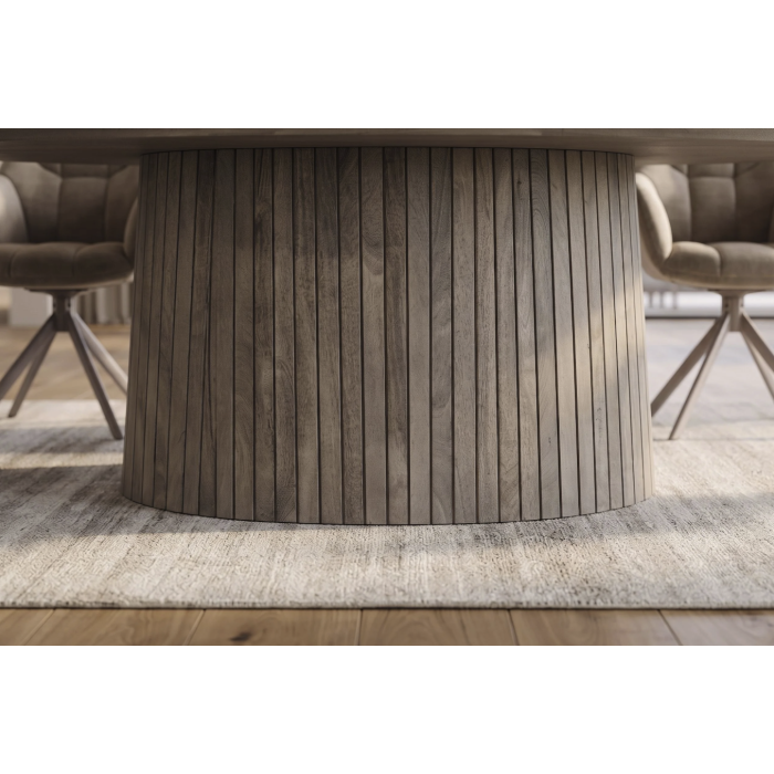 Table de salle à manger ovale ORINO 220 cm en bois de manguier massif gris avec pied central rainuré – 10 places