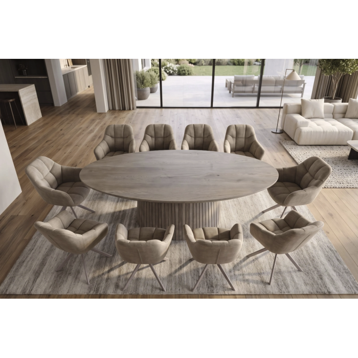 Table de salle à manger ovale ORINO 220 cm en bois de manguier massif gris avec pied central rainuré – 10 places