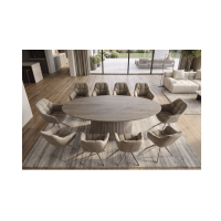 Table de salle à manger ovale ORINO 220 cm en bois de manguier massif gris avec pied central rainuré – 10 places