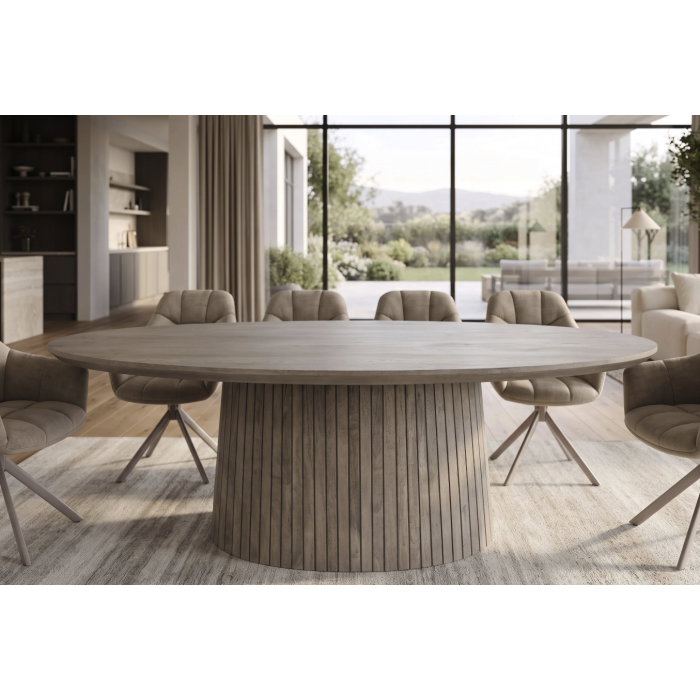 Table de salle à manger ovale ORINO 220 cm en bois de manguier massif gris avec pied central rainuré – 10 places