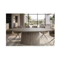 Table de salle à manger ovale ORINO 220 cm en bois de manguier massif gris avec pied central rainuré – 10 places