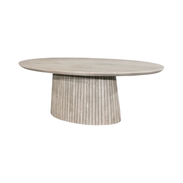 Table de salle à manger ovale ORINO 220 cm en bois de manguier massif gris avec pied central rainuré – 10 places