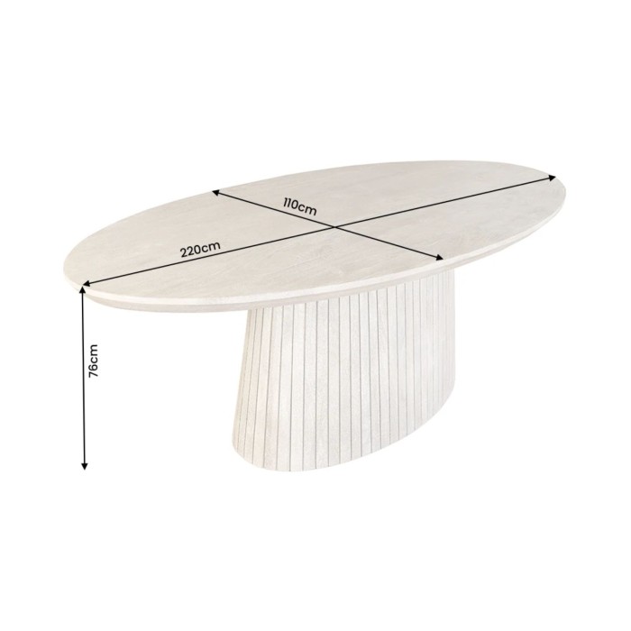 Table de salle à manger ovale ORINO 220 cm en bois de manguier massif gris avec pied central rainuré – 10 places