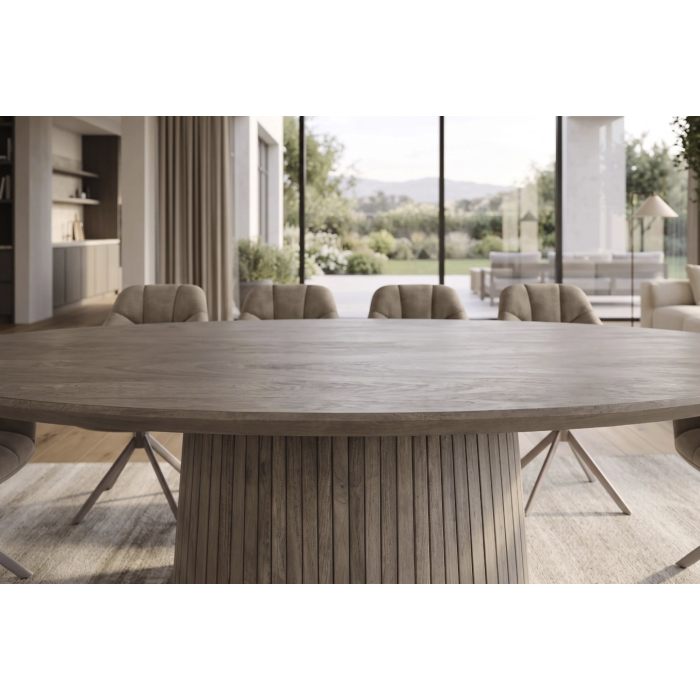Table de salle à manger ovale ORINO 220 cm en bois de manguier massif gris avec pied central rainuré – 10 places