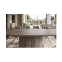Table de salle à manger ovale ORINO 220 cm en bois de manguier massif gris avec pied central rainuré – 10 places