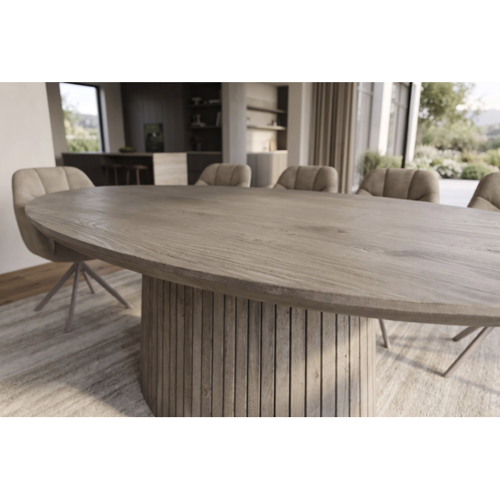 Table de salle à manger ovale ORINO 220 cm en bois de manguier massif gris avec pied central rainuré – 10 places