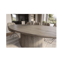 Table de salle à manger ovale ORINO 220 cm en bois de manguier massif gris avec pied central rainuré – 10 places